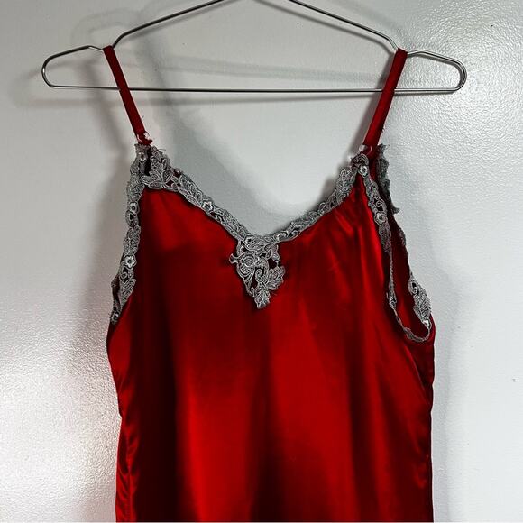 Rare Vintage Red Satin Slip Dress | 100% Cotton | Silver Lace Appliqué Glam | M - Picture 6 of 7